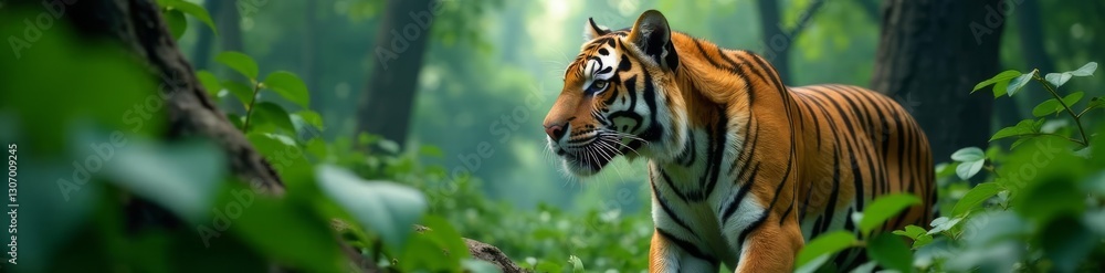 Fototapeta premium Camouflaged tiger, lush jungle background, sharp detail, powerful, day, closeup