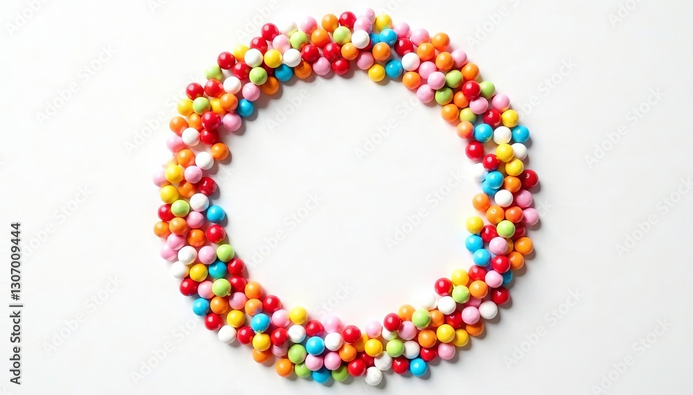 Colorful candy sprinkles arranged in a perfect circle on white background, decoration, circle of sprinkles Colorful candy sprinkles arranged in a perfect circle on white background, decoration, circle of sprinkles