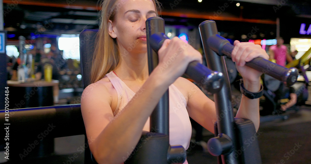Fototapeta premium Woman Exercising on Chest Press Machine in Gym
