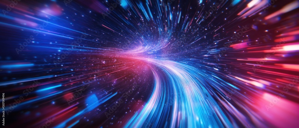 Obraz premium Abstract hyper speed space travel with light trails in blue and red, concept of data stream, future technology, and digital transformation