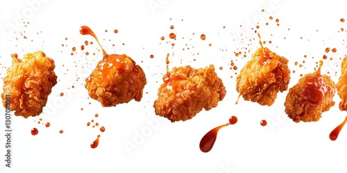 Wallpaper Mural Juicy boneless fried chicken bites floating with BBQ sauce splashes on a bright white background Torontodigital.ca