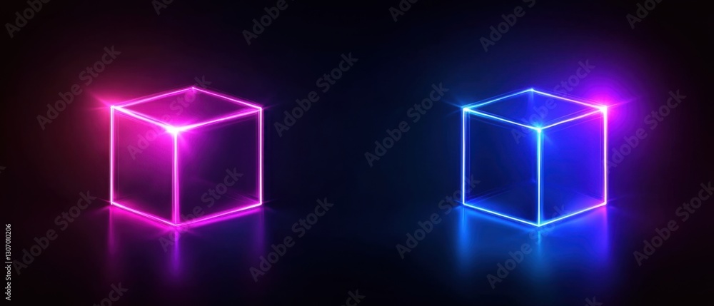 Two glowing neon cubes, one pink and one blue, on a reflective dark surface Concept of futuristic technology, digital art, and modern design Two glowing neon cubes, one pink and one blue, on a reflective dark surface Concept of futuristic technology, digital art, and modern design