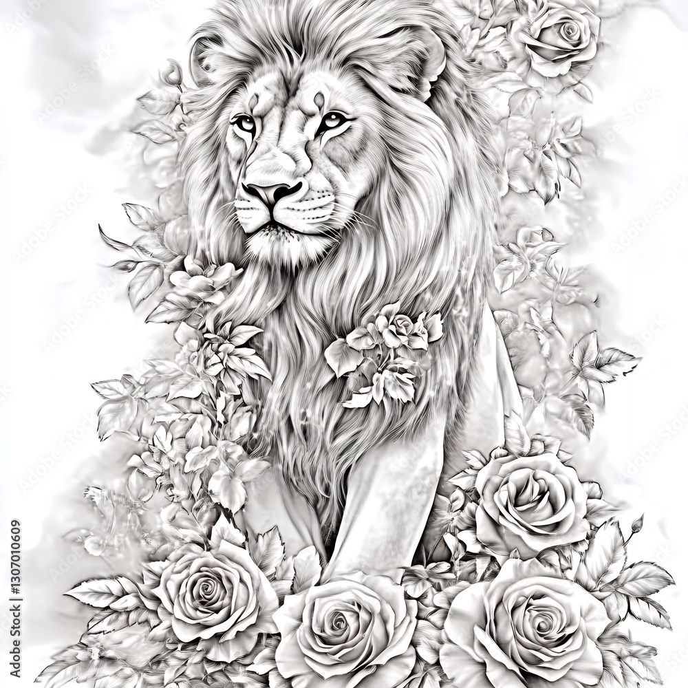 Obraz premium Majestic Lion Portrait Amidst Blooming Roses Elegant Black and White Wildlife Art