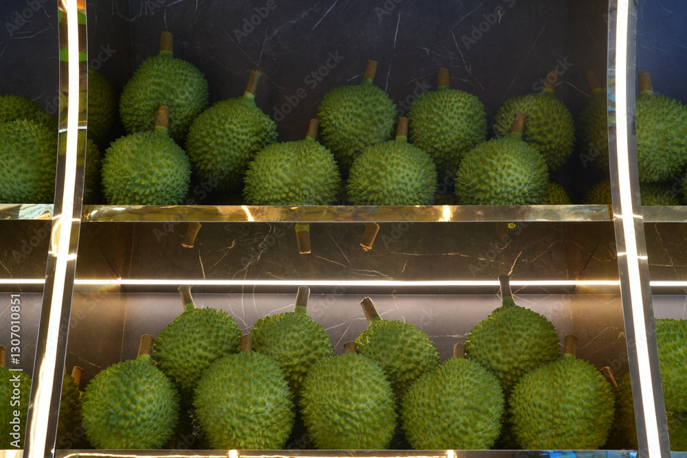 Spiky durian fruit at a market in Singapore