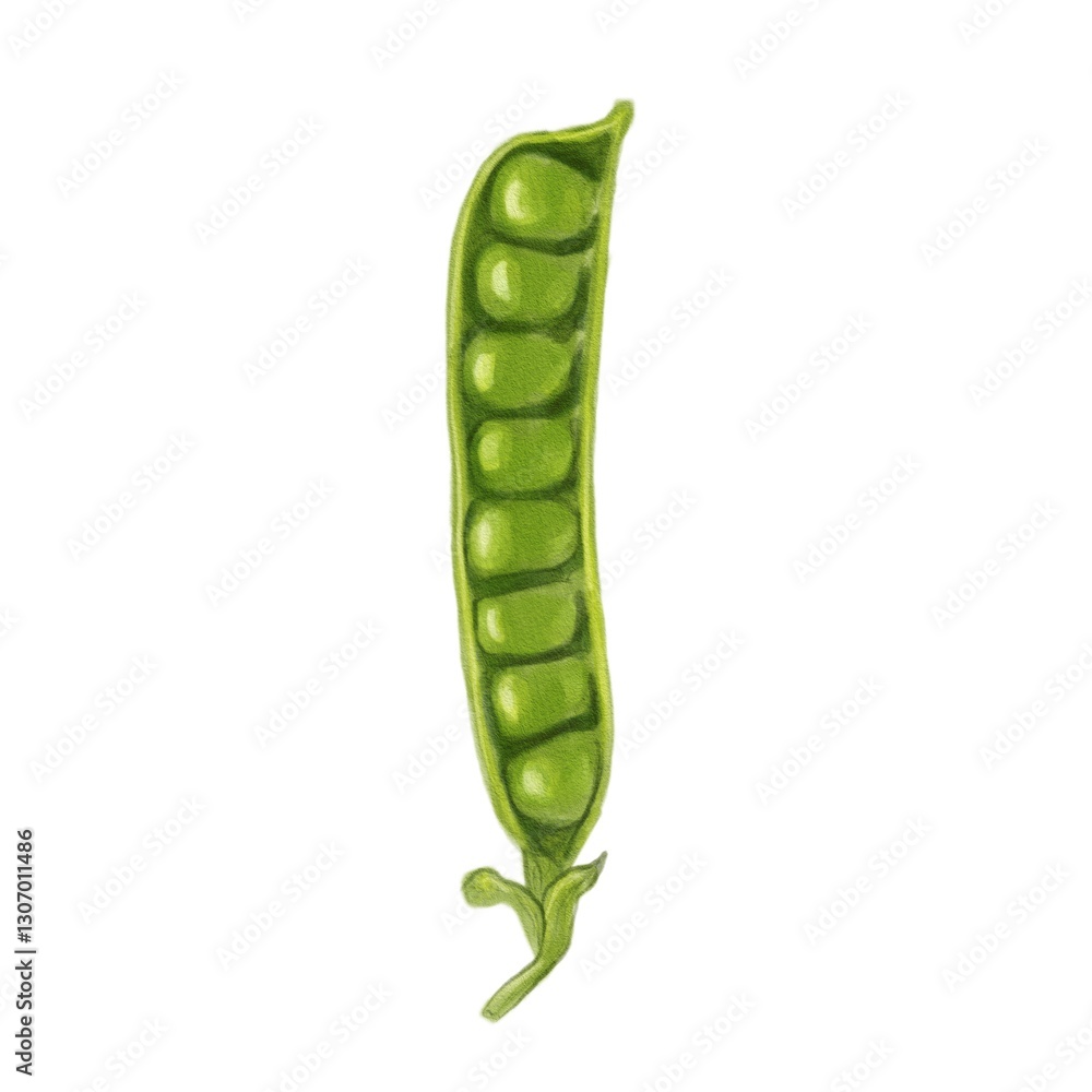 A single watercolor green pea open pod with several peas inside, showcasing its vibrant color and natural texture. A single watercolor green pea open pod with several peas inside, showcasing its vibrant color and natural texture.