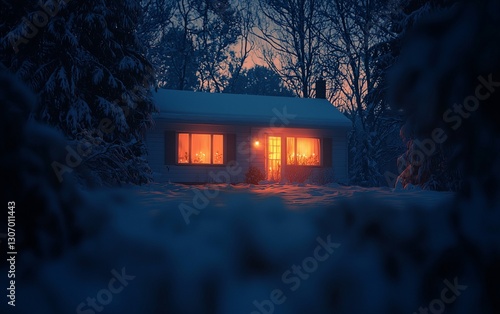 Cozy snow-covered cabin glowing warmly at night.