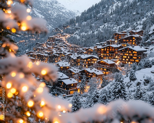 Snowy mountain village at night, illuminated houses, Christmas lights.