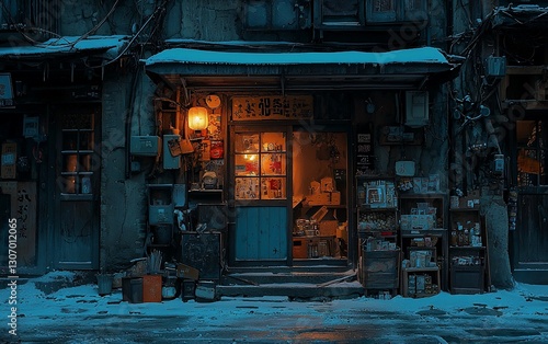 Cozy snow-covered shop at night.