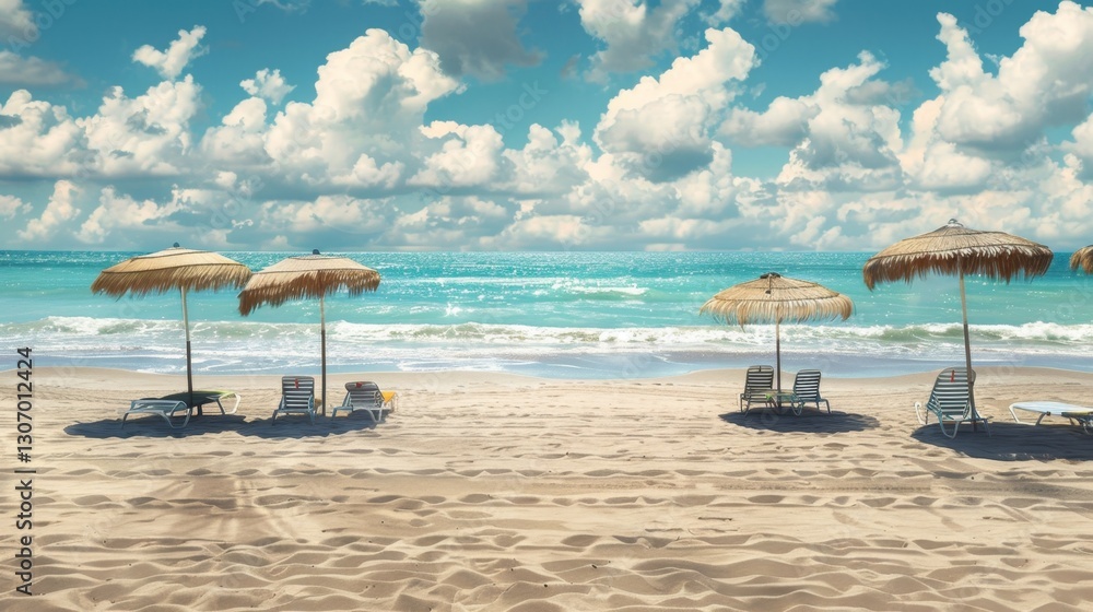 Fototapeta premium Shadows of Umbrellas and Loungers Create a Relaxed Beach Atmosphere