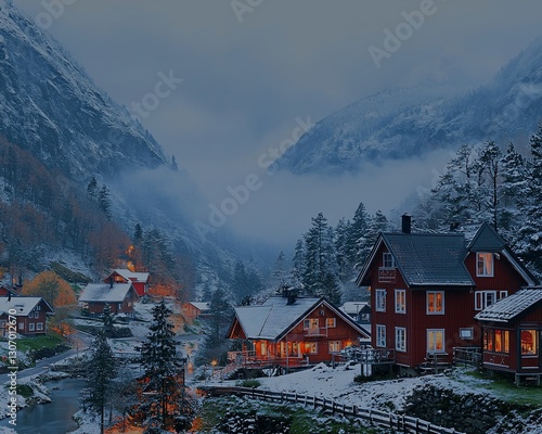 Snowy mountain village at twilight.