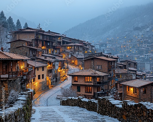 Snowy mountain village at twilight, illuminated houses, winding road.