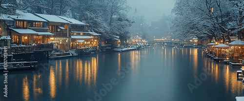 Snow-covered waterfront houses with warm lights reflecting on calm river at night.