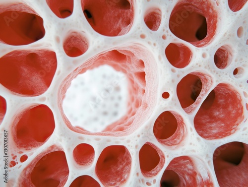 A close-up view of a porous structure with red and white colors, emphasizing the intricate patterns and openings resembling cellular formations. photo