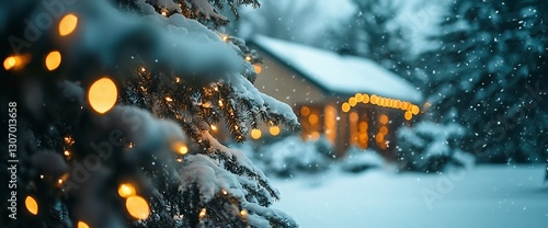 Snowy winter scene with illuminated Christmas tree and house.