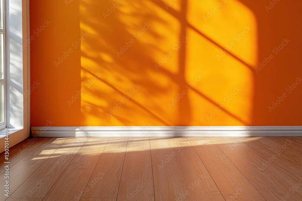 A brightly lit room with shadows and wooden flooring A brightly lit room with shadows and wooden flooring