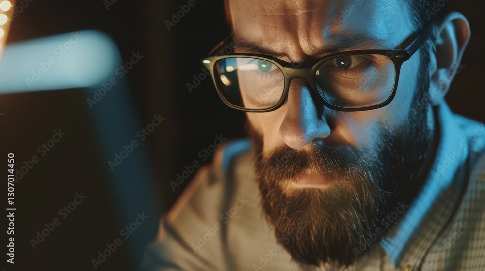 Concentrated Bearded Man with Stylish Glasses Working at Office Laptop Concentrated Bearded Man with Stylish Glasses Working at Office Laptop