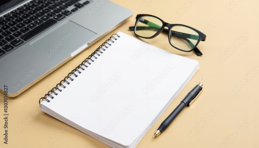 Laptop and notebook on a desk with yellow paper, pen, and plain background, writing in journal, office flatlay, high resolution. Laptop and notebook on a desk with yellow paper, pen, and plain background, writing in journal, office flatlay, high resolution.
