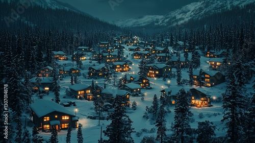 Night view of a snow-covered village nestled in a mountain valley, with warm lights glowing from houses.