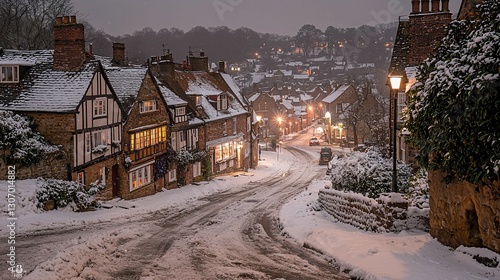 Snow-covered village street at night.