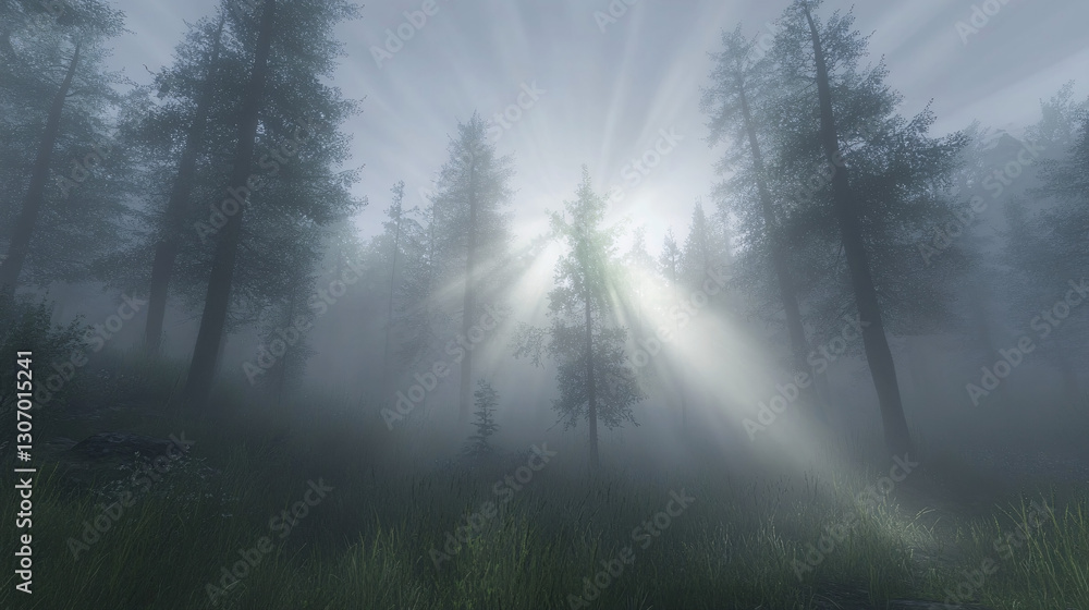 Fototapeta premium Mysterious light breaking through fog enchanted forest nature photography serene environment dreamlike viewpoint