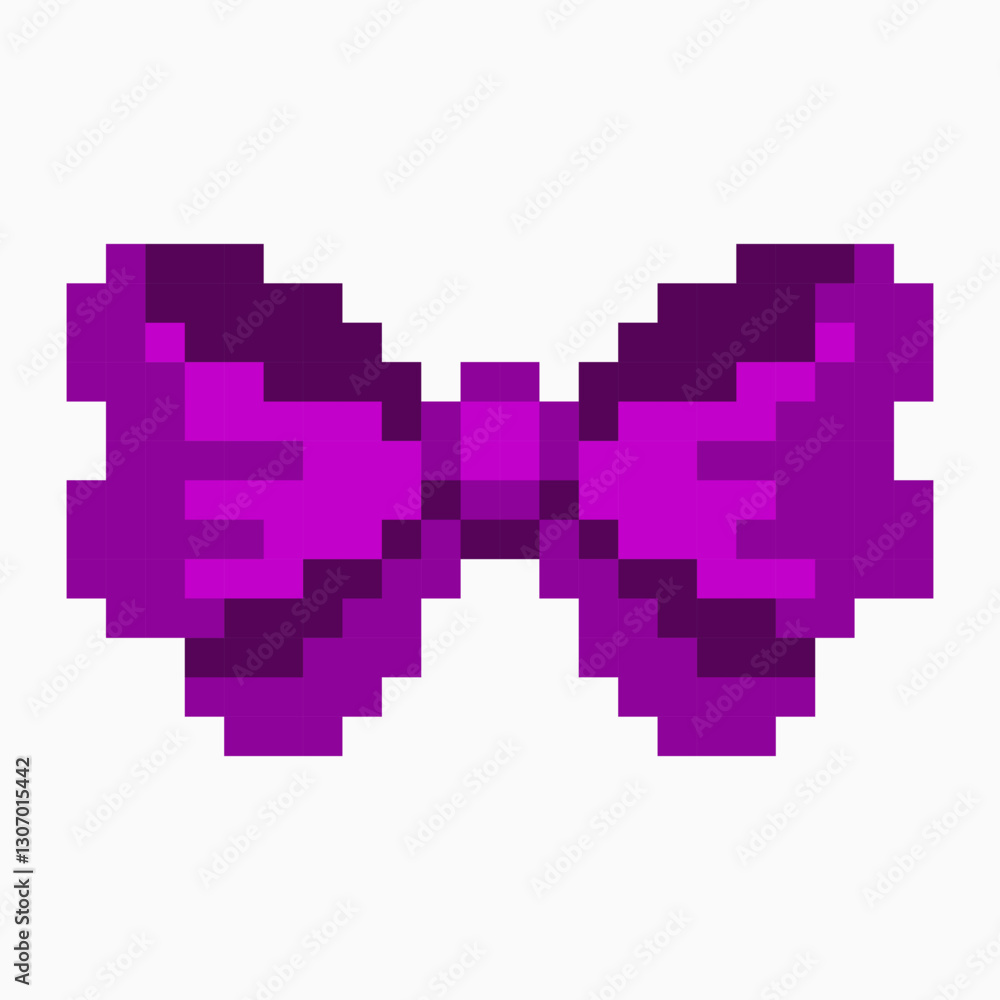 Vector illustration, retro pixel art icon of lovely glossy pink ribbon bow for gift or hair decoration. Vector illustration, retro pixel art icon of lovely glossy pink ribbon bow for gift or hair decoration.
