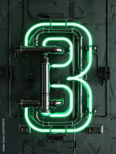 Bold Neon Number 3 in Tech Noir Style with Metal Accents