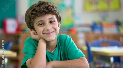 A boy in a green shirt smiles confidently in his classroom