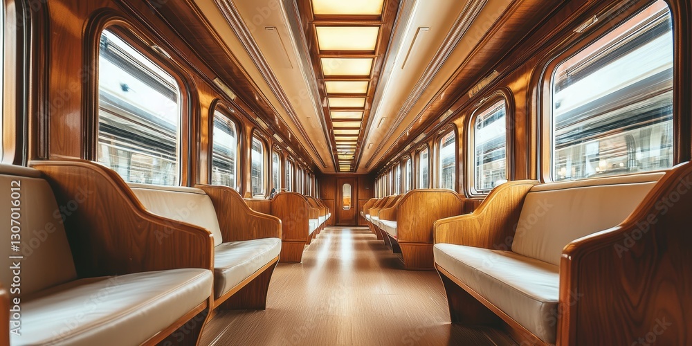 Luxury train interior, elegant wooden panels and plush seating Luxury train interior, elegant wooden panels and plush seating