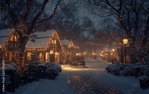 Snowfall on a charming, Christmas-lit street.
