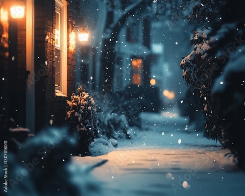 Snowy night scene, illuminated walkway, falling snow.