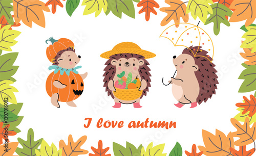 Autumn seasonal poster with hedgehogs. Fall green orange yellow leaves frame. Cute forest wild animal, cartoon hedgehog wear pumpkin costume, vector banner