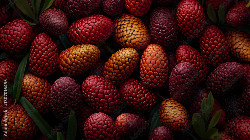 Red and gold tropical fruit cones textured background, studio shot, food design, packaging Red and gold tropical fruit cones textured background, studio shot, food design, packaging