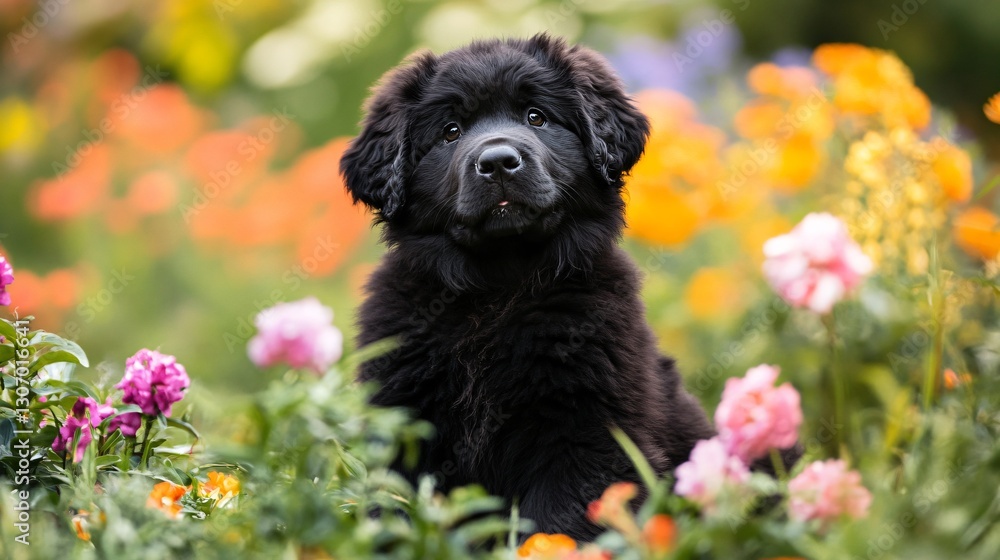 Adorable Newfoundland puppy sitting in flower field Adorable Newfoundland puppy sitting in flower field