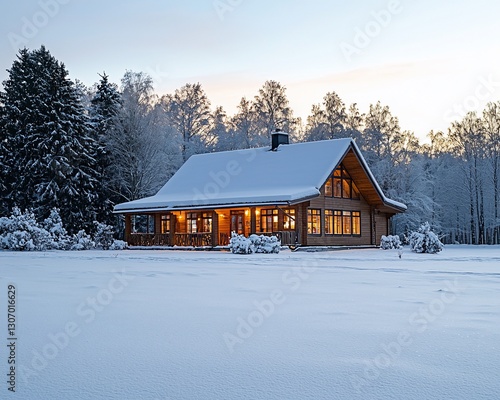 Cozy wooden cabin in snowy winter landscape at dusk.