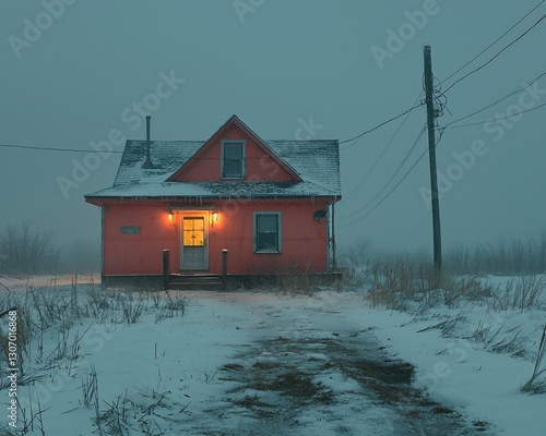 Lonely orange house in snowy field at dusk.