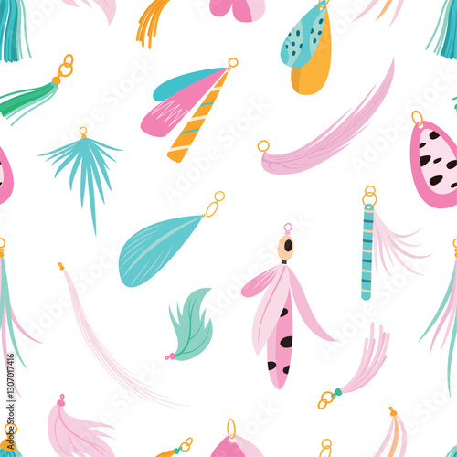Girly feathers pendants seamless pattern. Decorative fashion elements, keychains with feather. Website backdrop, fabric print, vector background