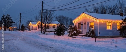 Snowy winter night scene with illuminated houses.