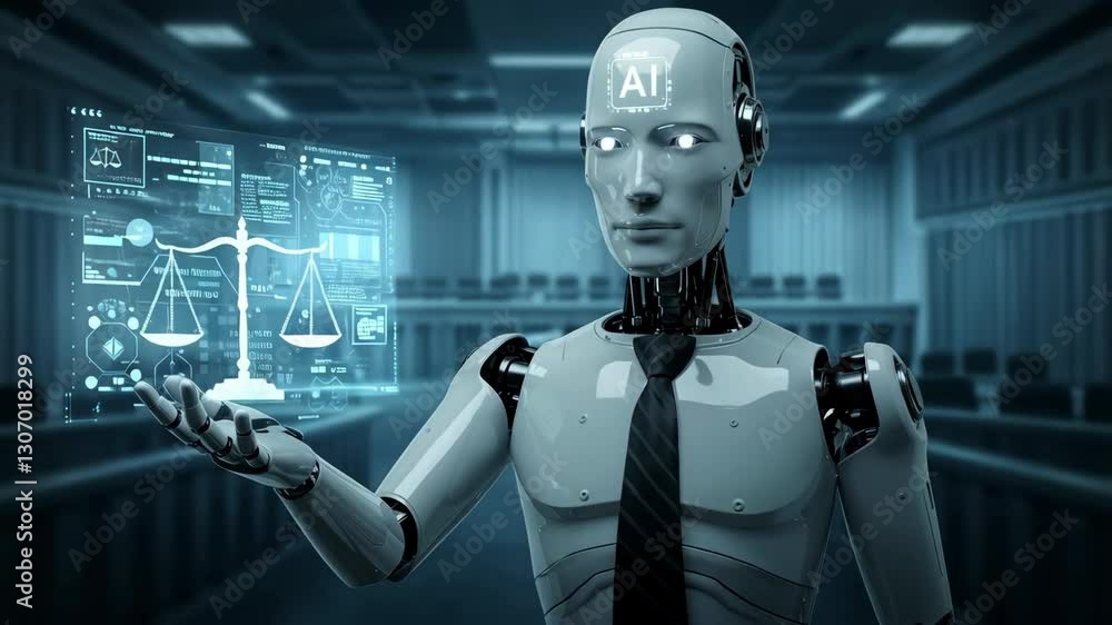 Artificial Intelligence robot lawyer displaying holographic symbol of the scales of justice Artificial Intelligence robot lawyer displaying holographic symbol of the scales of justice