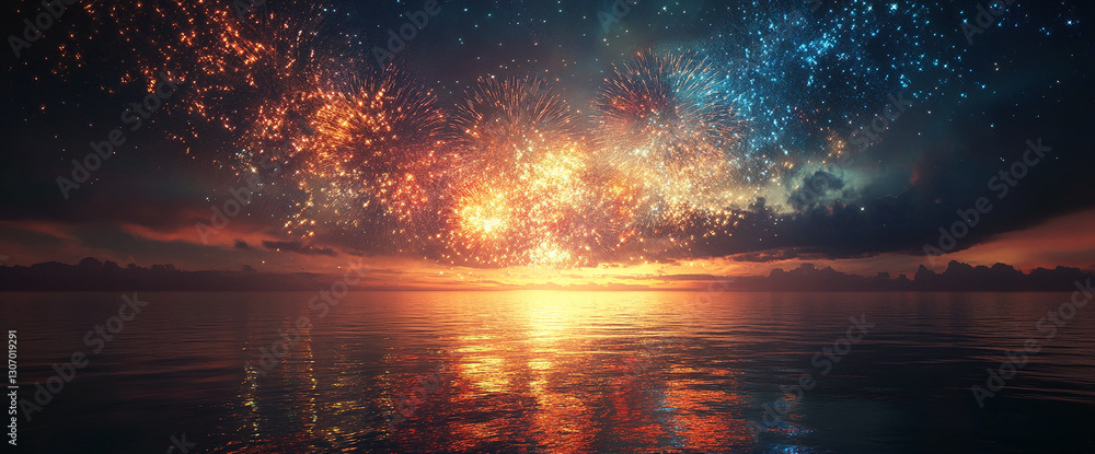 Spectacular fireworks display over calm ocean at sunset, creating a vibrant, colorful scene, symbolizing celebration, joy, and wonder Spectacular fireworks display over calm ocean at sunset, creating a vibrant, colorful scene, symbolizing celebration, joy, and wonder