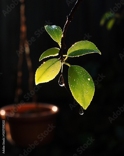 Dewdrops on leaves, backlit, garden pot, sunrise