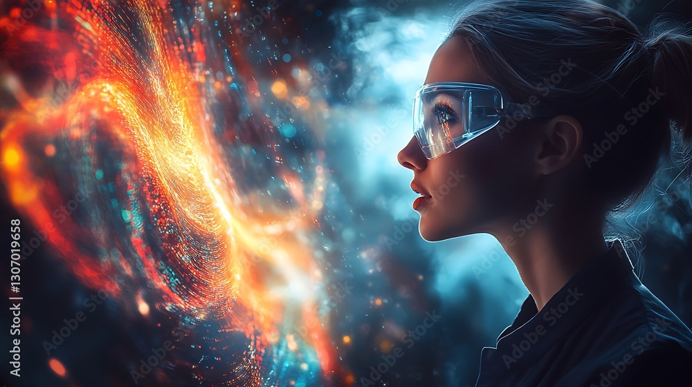 Scientist examining swirling streams of colorful data representing the world of data science Scientist examining swirling streams of colorful data representing the world of data science