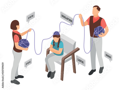 Parents or psychologist working with teenager girl. Adults unravel chaos in child head. Tips and tricks, professional support for teens, vector concept