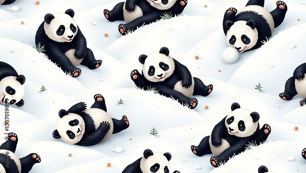 Rolling Pandas in Snowy Hills - A seamless pattern of pandas tumbling and playing in fluffy snow drifts. Rolling Pandas in Snowy Hills - A seamless pattern of pandas tumbling and playing in fluffy snow drifts.