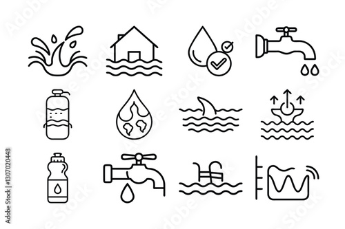Simple Line Icons Depicting Various Water-Related Concepts