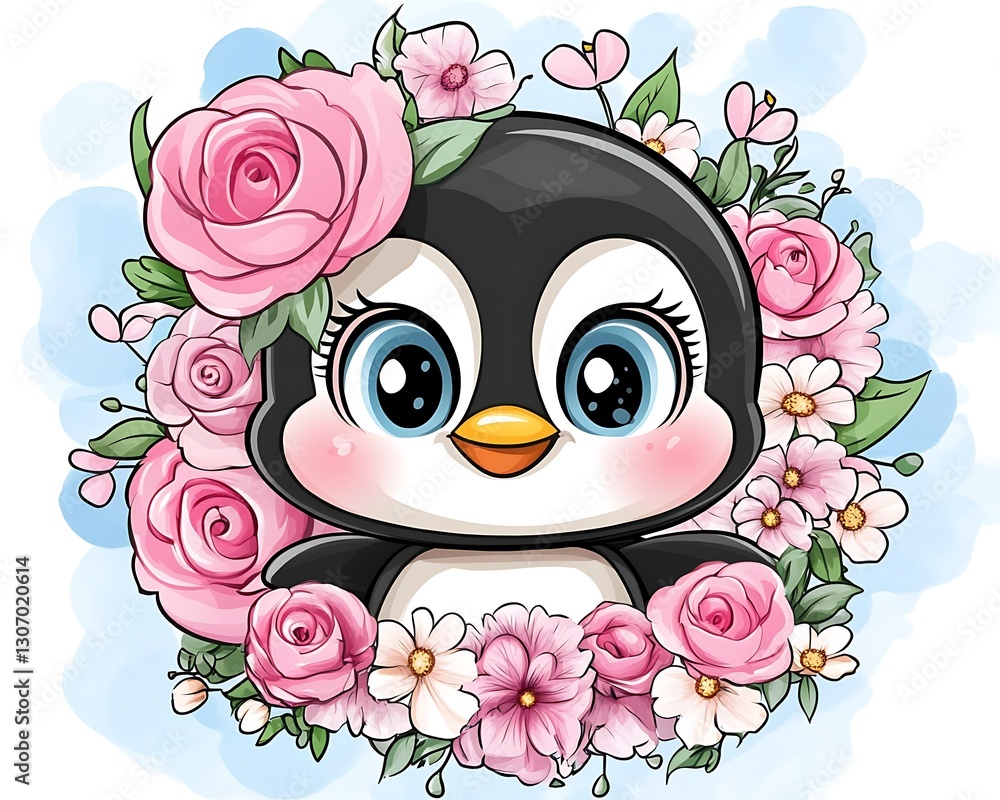 Adorable cartoon penguin surrounded by a garland of delicate pink flowers Adorable cartoon penguin surrounded by a garland of delicate pink flowers