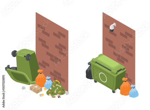 Public garbage with and without video surveillance. Overturned trash can, bags with waste, organic plastic paper. Dirty vs clean street, vector isometric concept