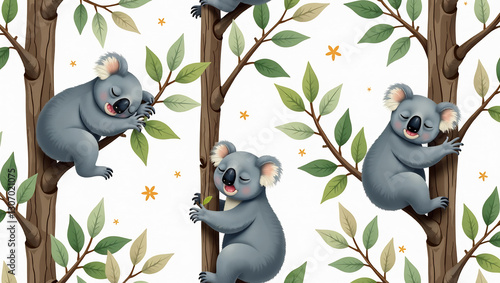 Snoozing Koalas in Eucalyptus Trees - A seamless pattern of koalas napping and munching in eucalyptus branches.