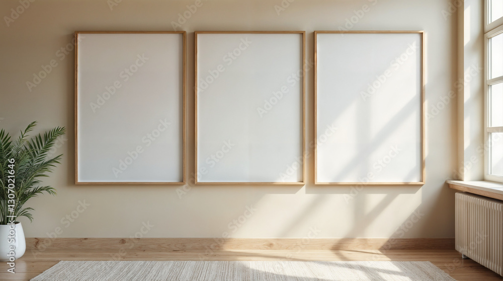 Fototapeta premium Three white framed pictures on a wall