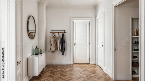 A hallway with a white door and a mirror