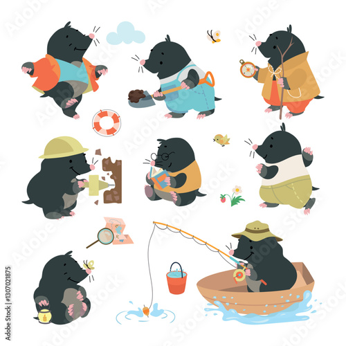 Cartoon mole. Funny moles different poses and emotions. Garden wild animal working, walking reading book and fishing from wooden boat, nowaday vector characters